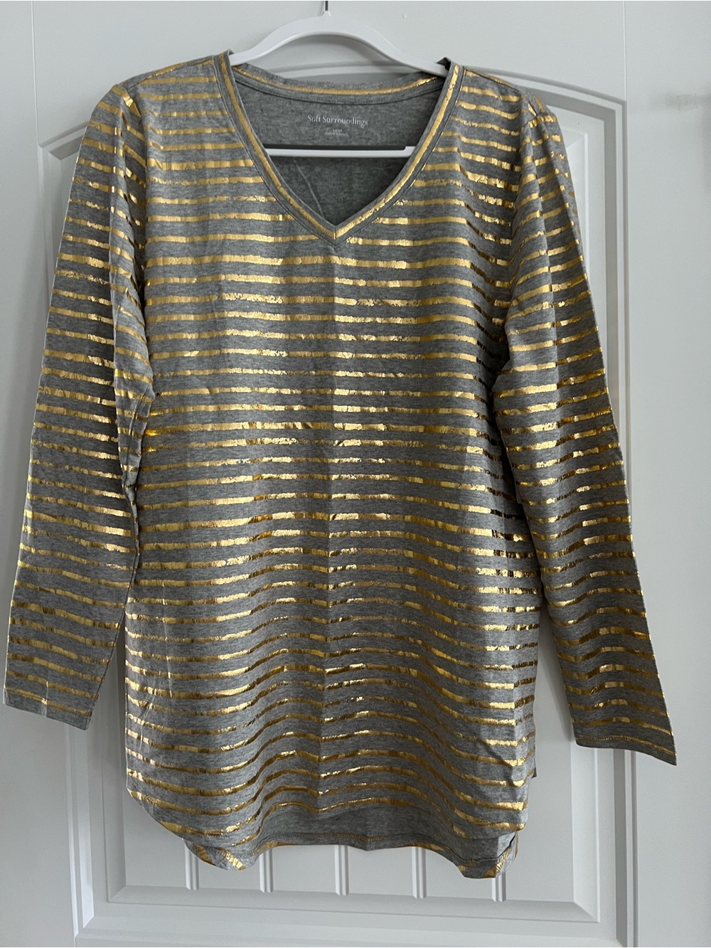 Soft Surroundings Gray V-Neck Long Sleeve Top with Gold Stripes